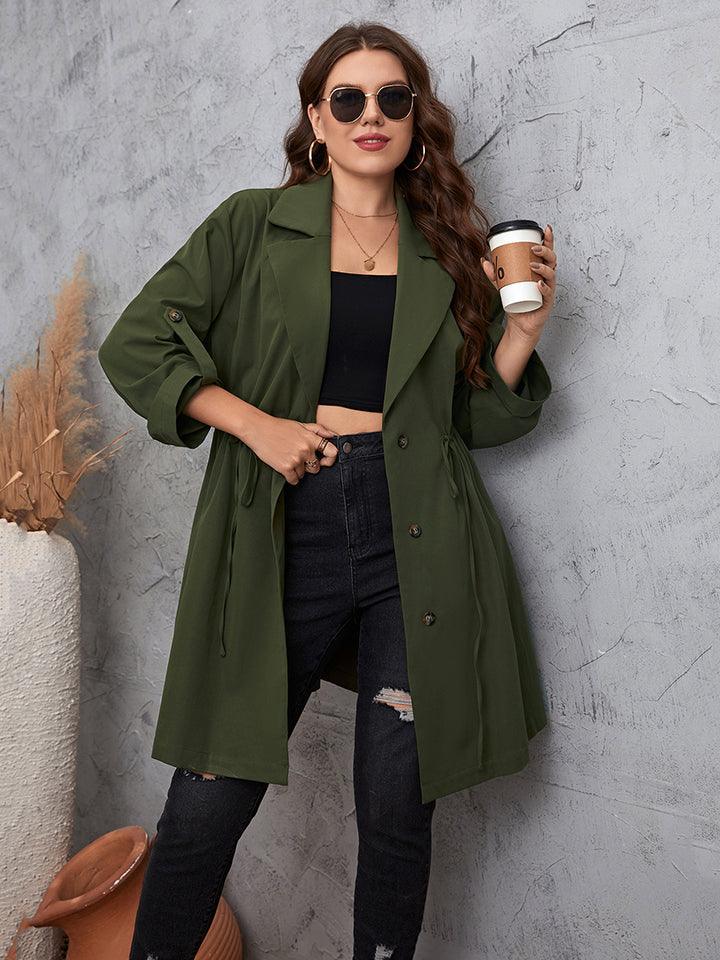 Roll-Tab Sleeve Green Plus Size Women's Trench Coat - MXSTUDIO.COM