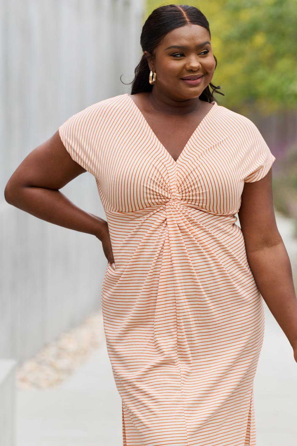 Romantic Twisted Front Plus Size Striped Dress - MXSTUDIO.COM