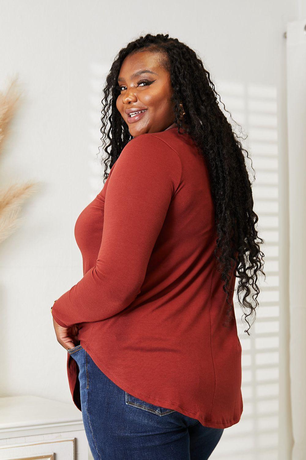 Round Hem Brick Red Plus Size Long Sleeve Top - MXSTUDIO.COM