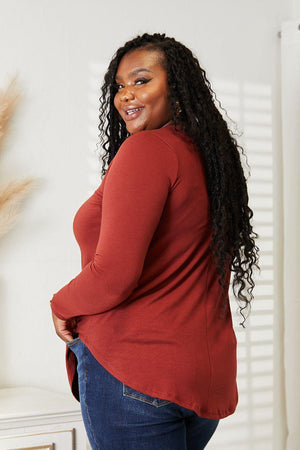 Round Hem Brick Red Plus Size Long Sleeve Top - MXSTUDIO.COM