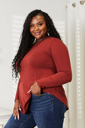 Round Hem Brick Red Plus Size Long Sleeve Top - MXSTUDIO.COM