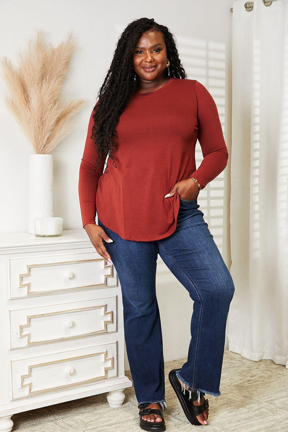 Round Hem Brick Red Plus Size Long Sleeve Top - MXSTUDIO.COM