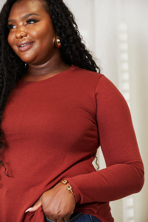 Round Hem Brick Red Plus Size Long Sleeve Top - MXSTUDIO.COM