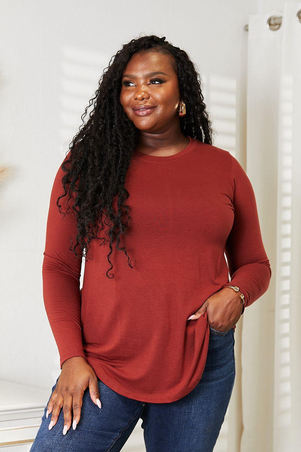 Round Hem Brick Red Plus Size Long Sleeve Top - MXSTUDIO.COM