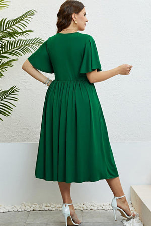 Round Neck Green Flutter Sleeve Plus Size Dress - MXSTUDIO.COM