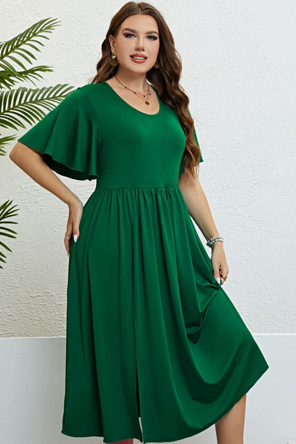 Round Neck Green Flutter Sleeve Plus Size Dress - MXSTUDIO.COM