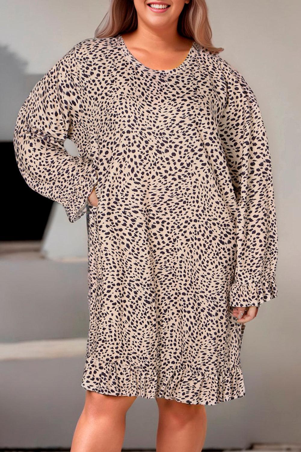 Ruffled Long Sleeve Plus Size Leopard Print Dress - MXSTUDIO.COM