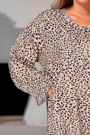 Ruffled Long Sleeve Plus Size Leopard Print Dress - MXSTUDIO.COM