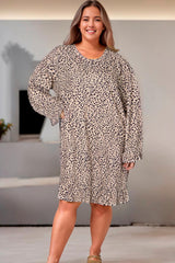 Ruffled Long Sleeve Plus Size Leopard Print Dress - MXSTUDIO.COM