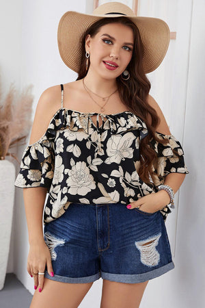 Ruffled Spaghetti Strap Plus Size Floral Blouse - MXSTUDIO.COM