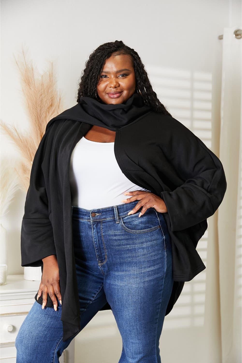 Scarf Design Open Front Plus Size Black Cardigan - MXSTUDIO.COM