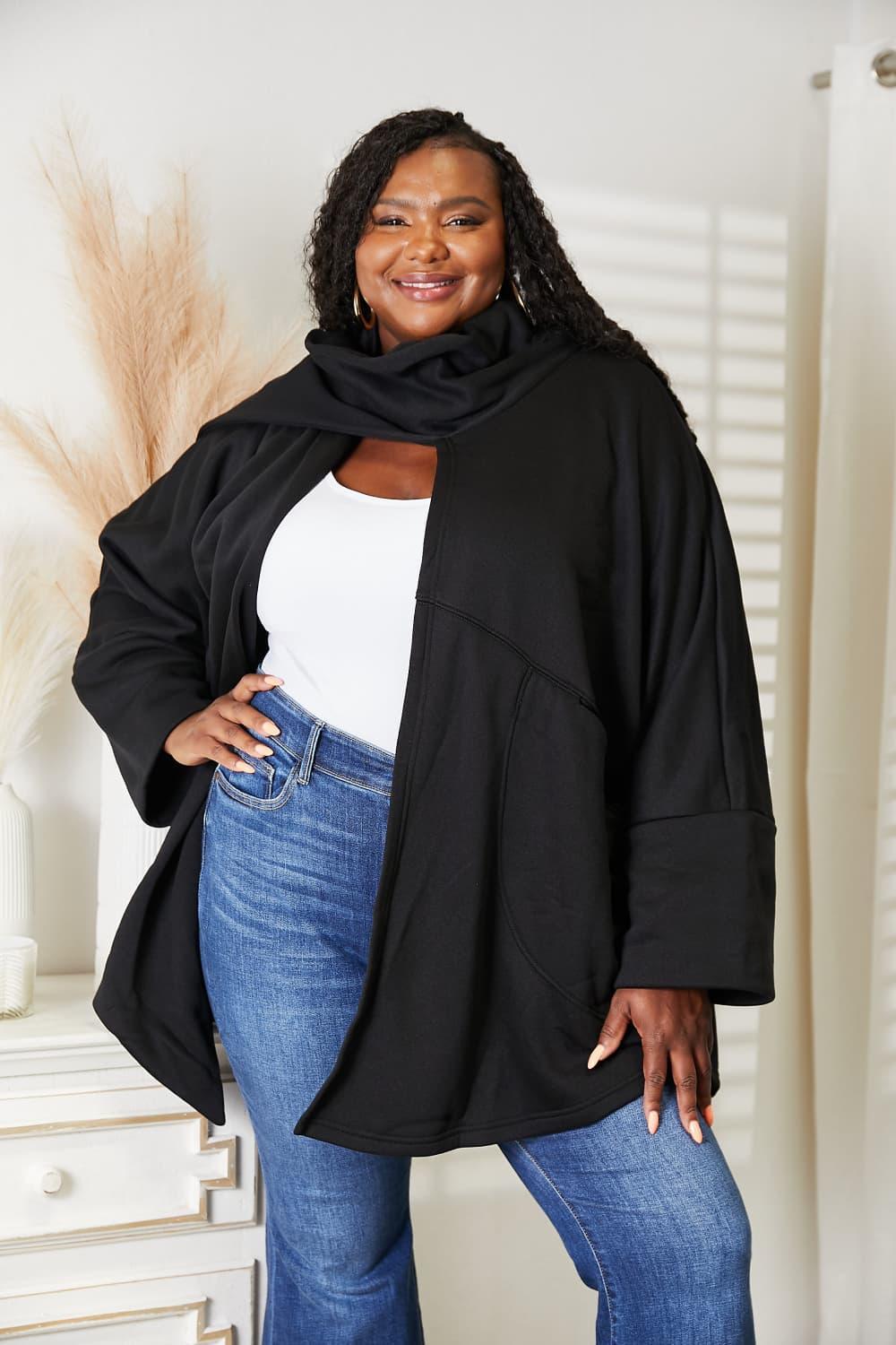 Scarf Design Open Front Plus Size Black Cardigan - MXSTUDIO.COM