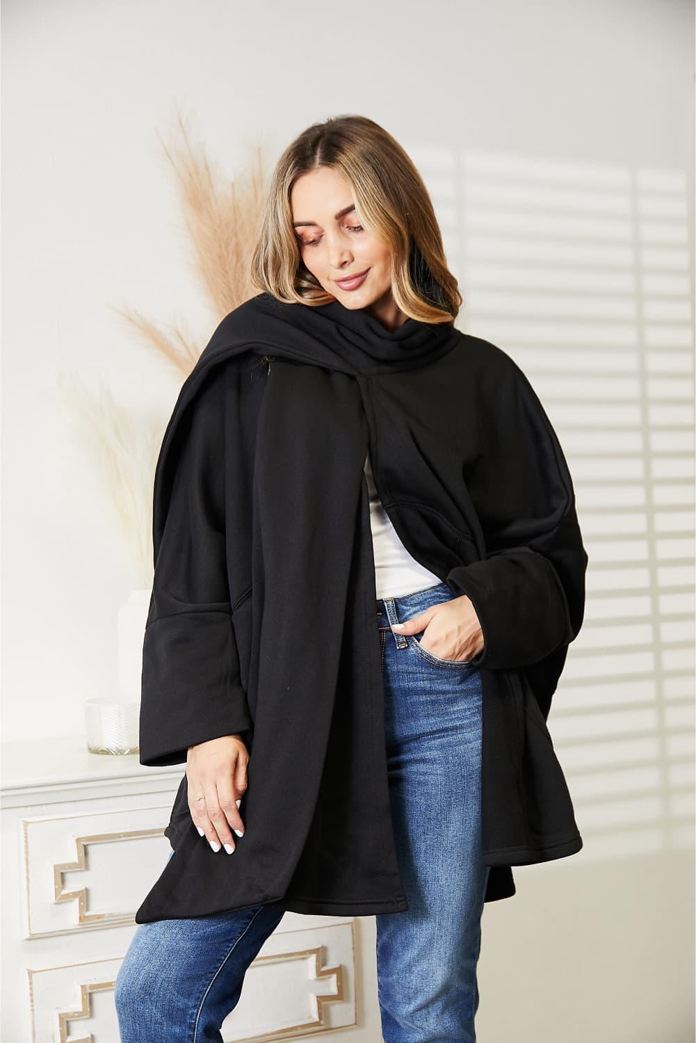 Scarf Design Open Front Plus Size Black Cardigan - MXSTUDIO.COM