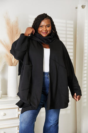 Scarf Design Open Front Plus Size Black Cardigan - MXSTUDIO.COM