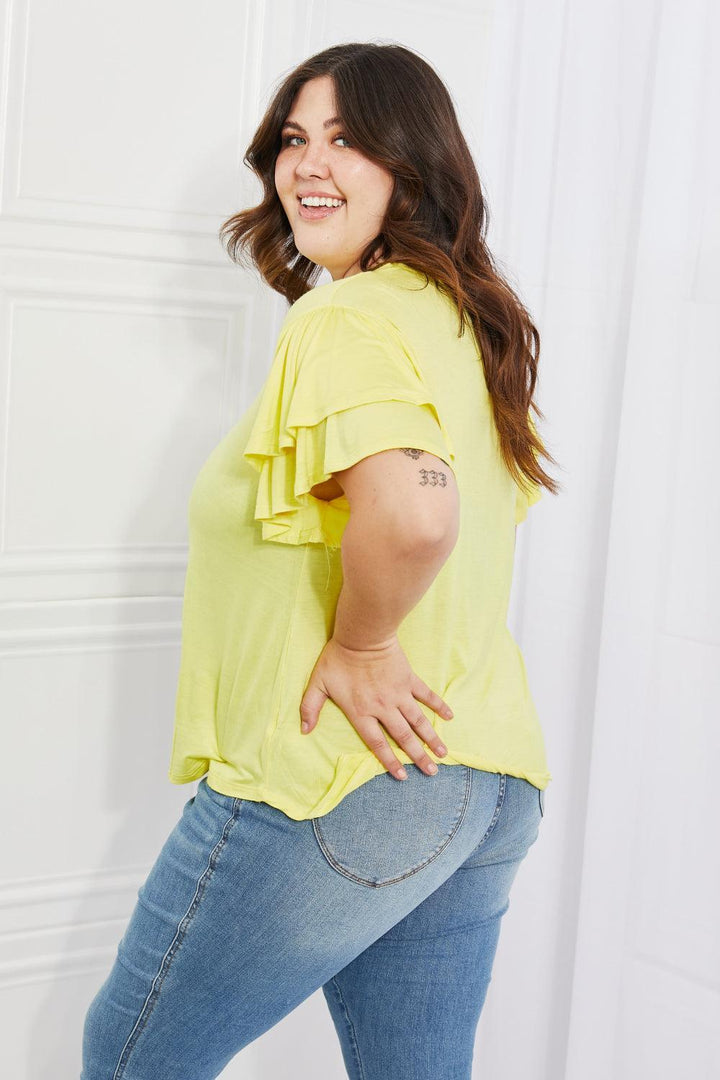 Semi-Loose Fit Ruffle Sleeve Plus Size Yellow Top - MXSTUDIO.COM