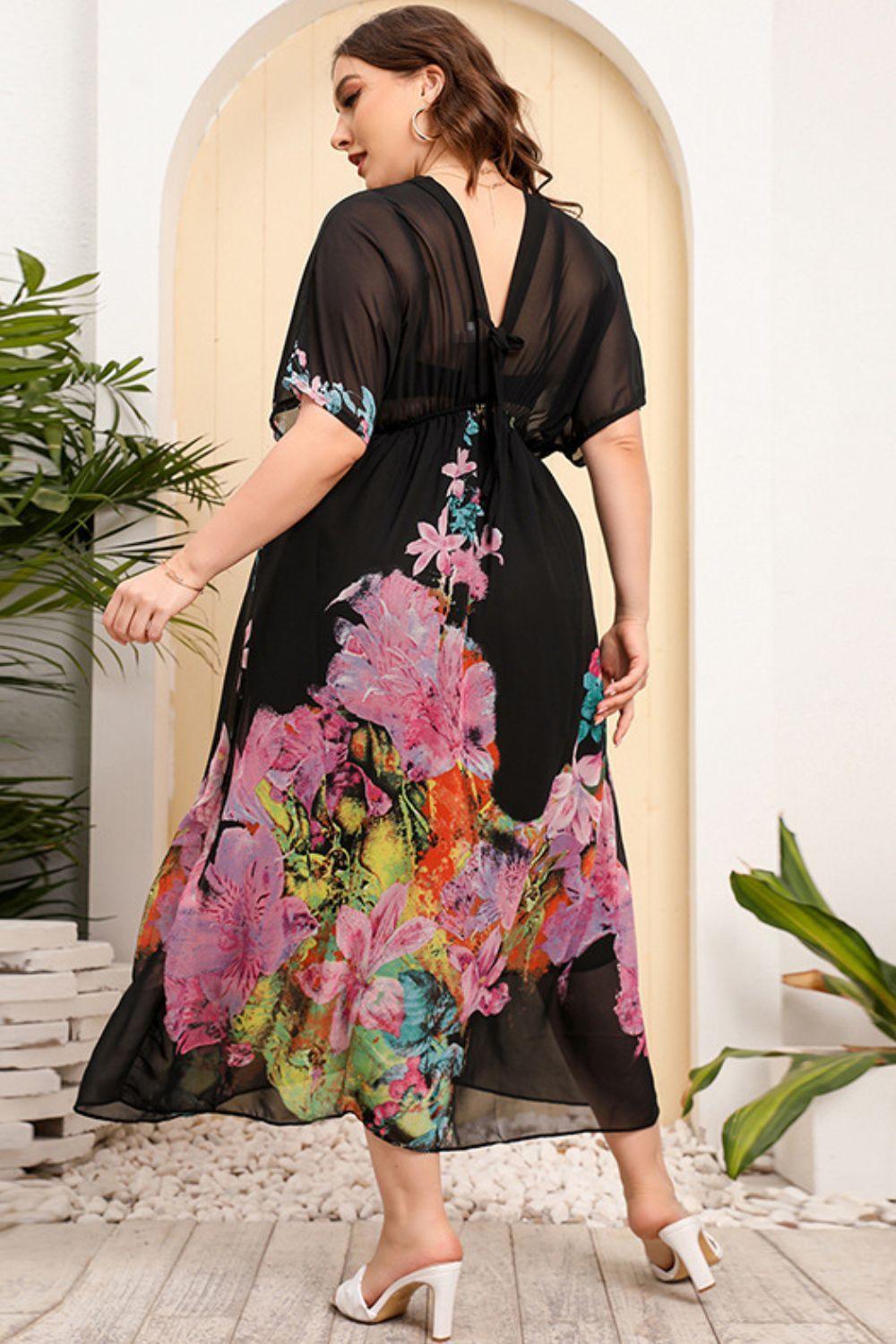 Semi-Sheer Plus Size Floral V Neck Midi Dress - MXSTUDIO.COM