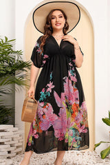 Semi-Sheer Plus Size Floral V Neck Midi Dress - MXSTUDIO.COM