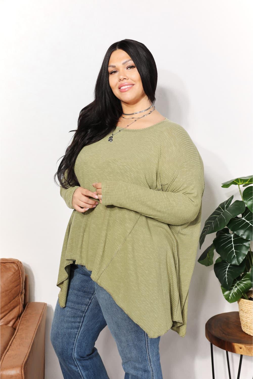 Sharkbite Hem Mist Green Plus Size Long Sleeve Top - MXSTUDIO.COM