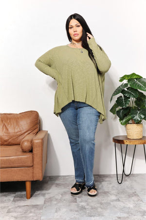 Sharkbite Hem Mist Green Plus Size Long Sleeve Top - MXSTUDIO.COM