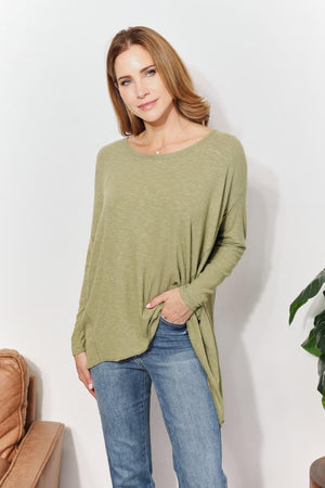 Sharkbite Hem Mist Green Plus Size Long Sleeve Top - MXSTUDIO.COM