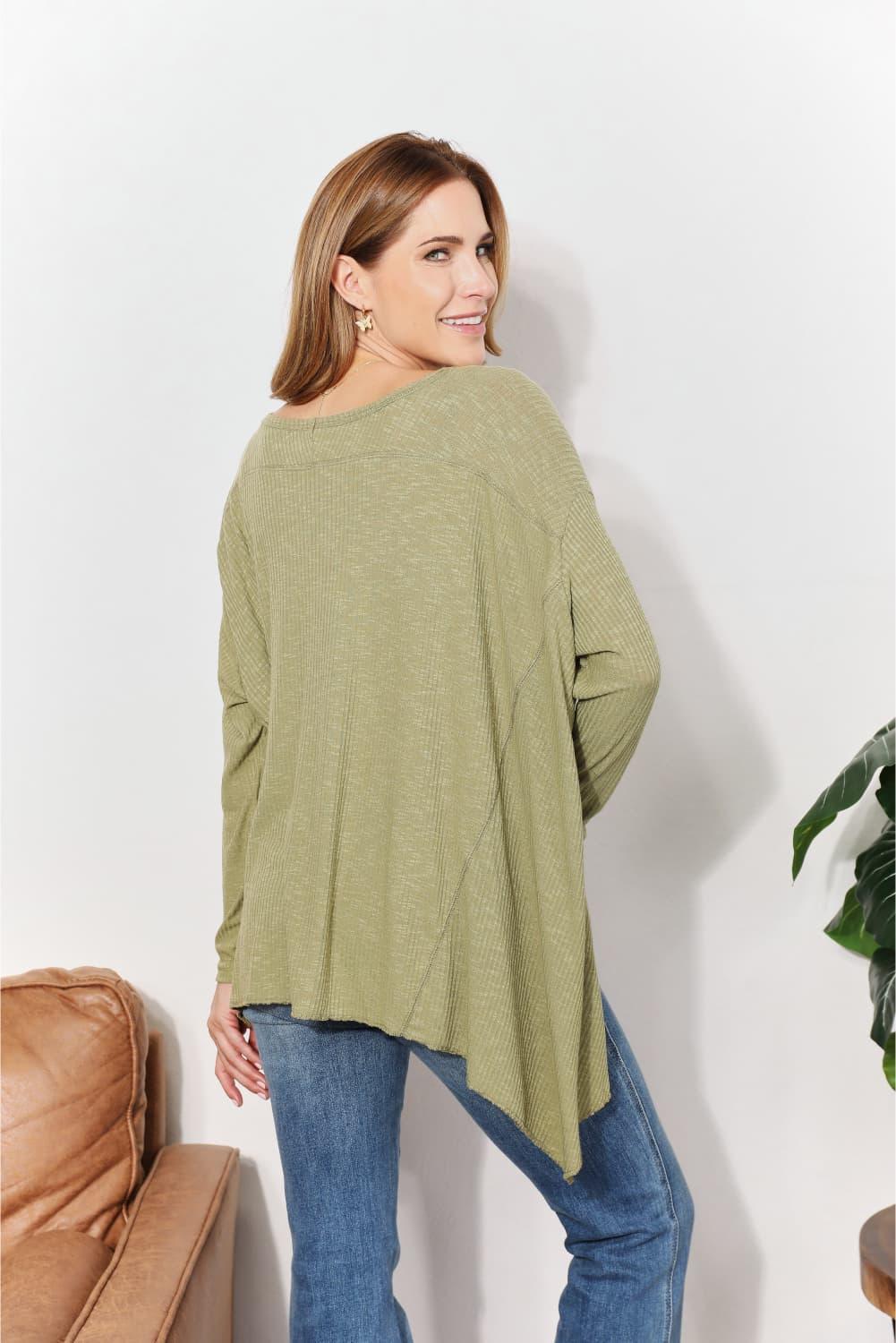 Sharkbite Hem Mist Green Plus Size Long Sleeve Top - MXSTUDIO.COM