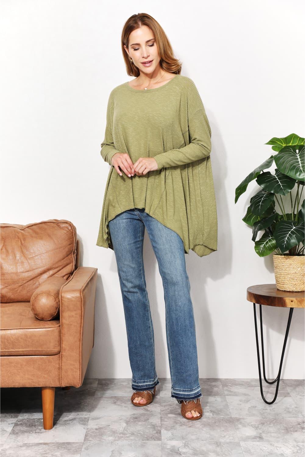 Sharkbite Hem Mist Green Plus Size Long Sleeve Top - MXSTUDIO.COM