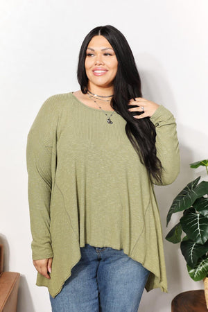 Sharkbite Hem Mist Green Plus Size Long Sleeve Top - MXSTUDIO.COM