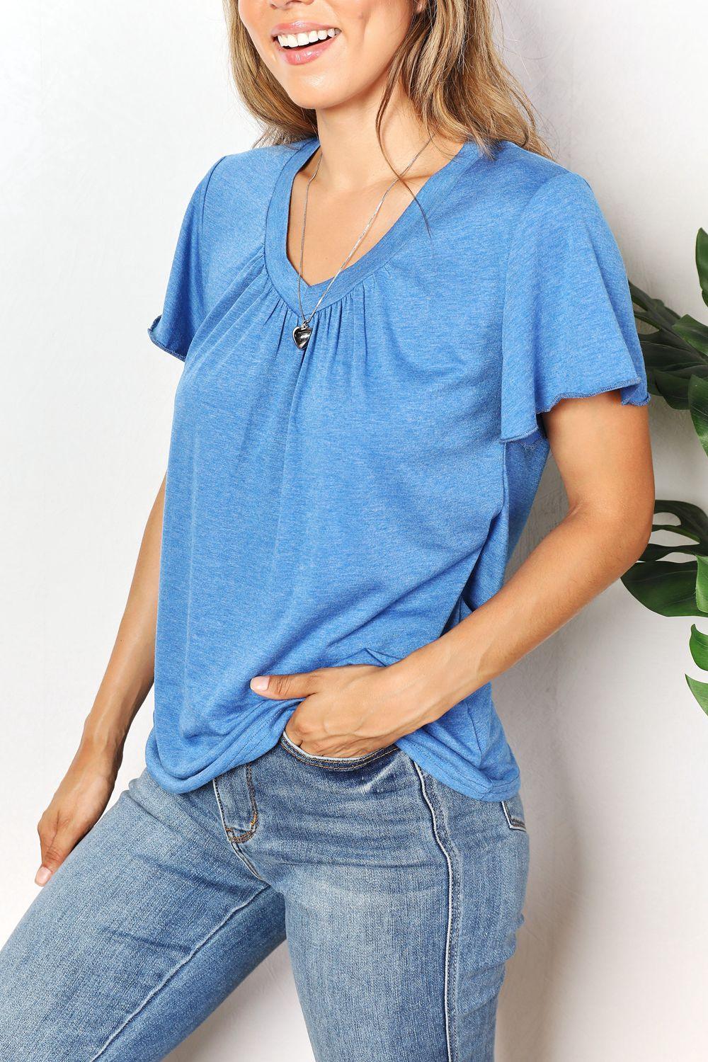 Short Flutter Sleeve Women's Plus Size V Neck T-Shirt - MXSTUDIO.COM