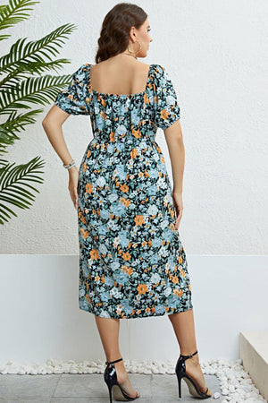 Short Lantern Sleeves Plus Size Square Neck Floral Midi Dress - MXSTUDIO.COM