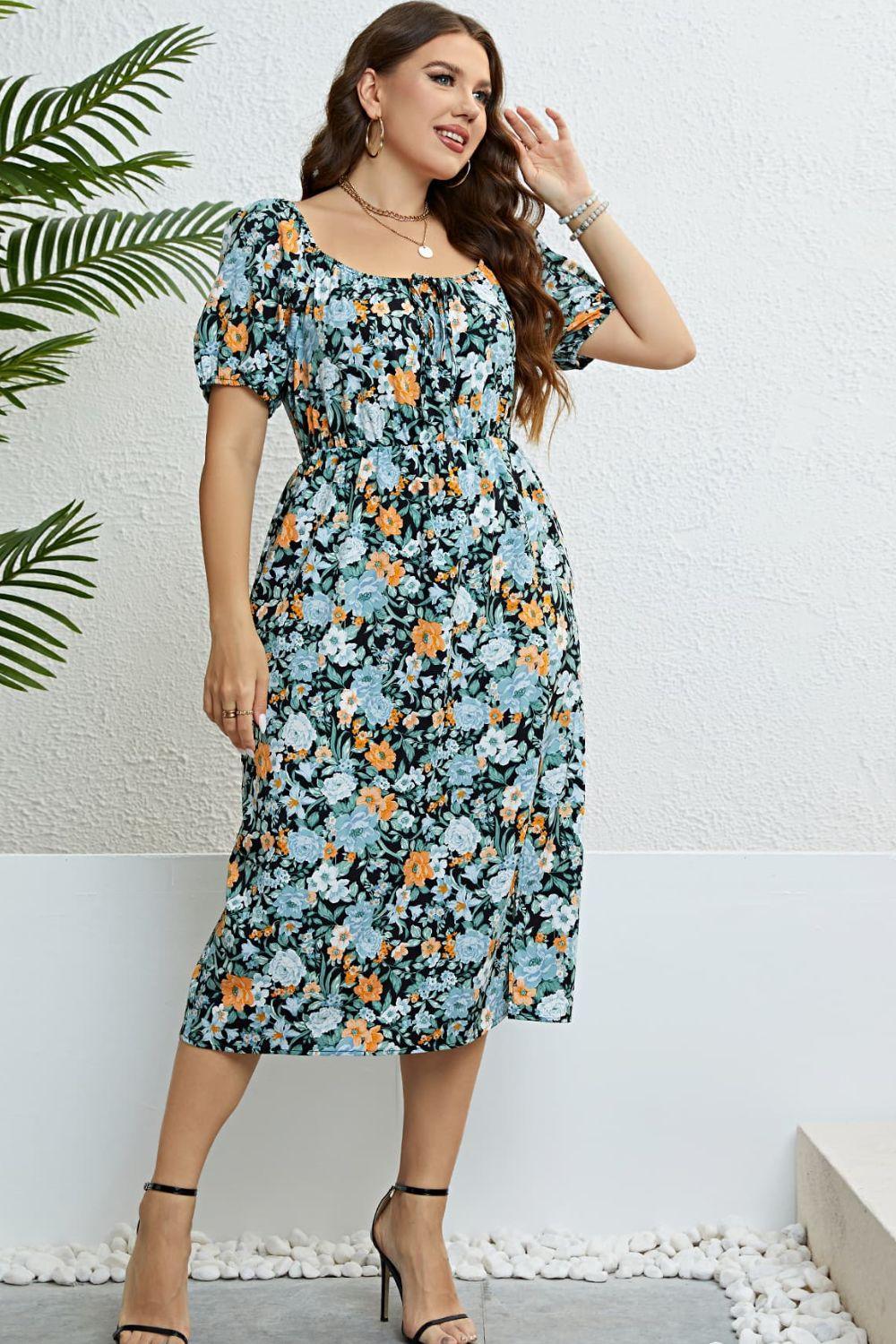 Short Lantern Sleeves Plus Size Square Neck Floral Midi Dress - MXSTUDIO.COM