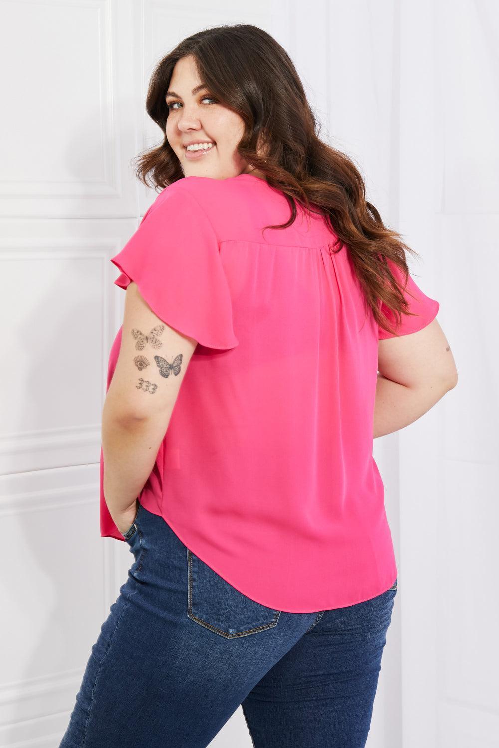 Short Ruffled Sleeve Hot Pink Plus Size Top - MXSTUDIO.COM