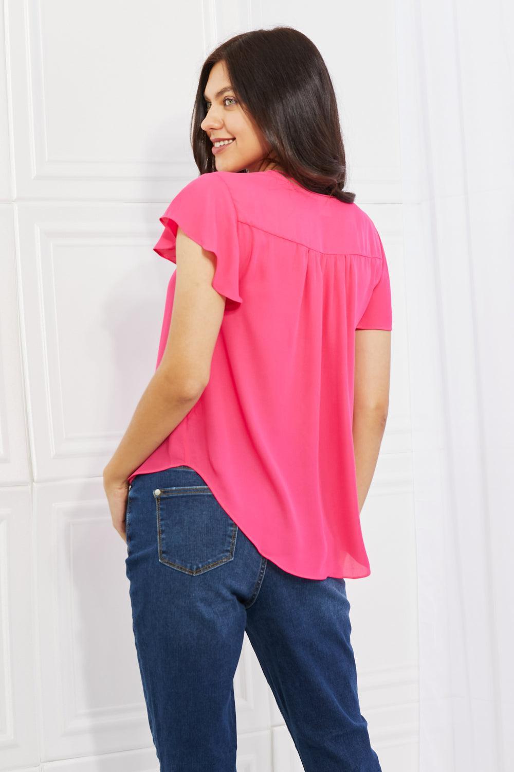 Short Ruffled Sleeve Hot Pink Plus Size Top - MXSTUDIO.COM