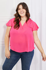 Short Ruffled Sleeve Hot Pink Plus Size Top - MXSTUDIO.COM