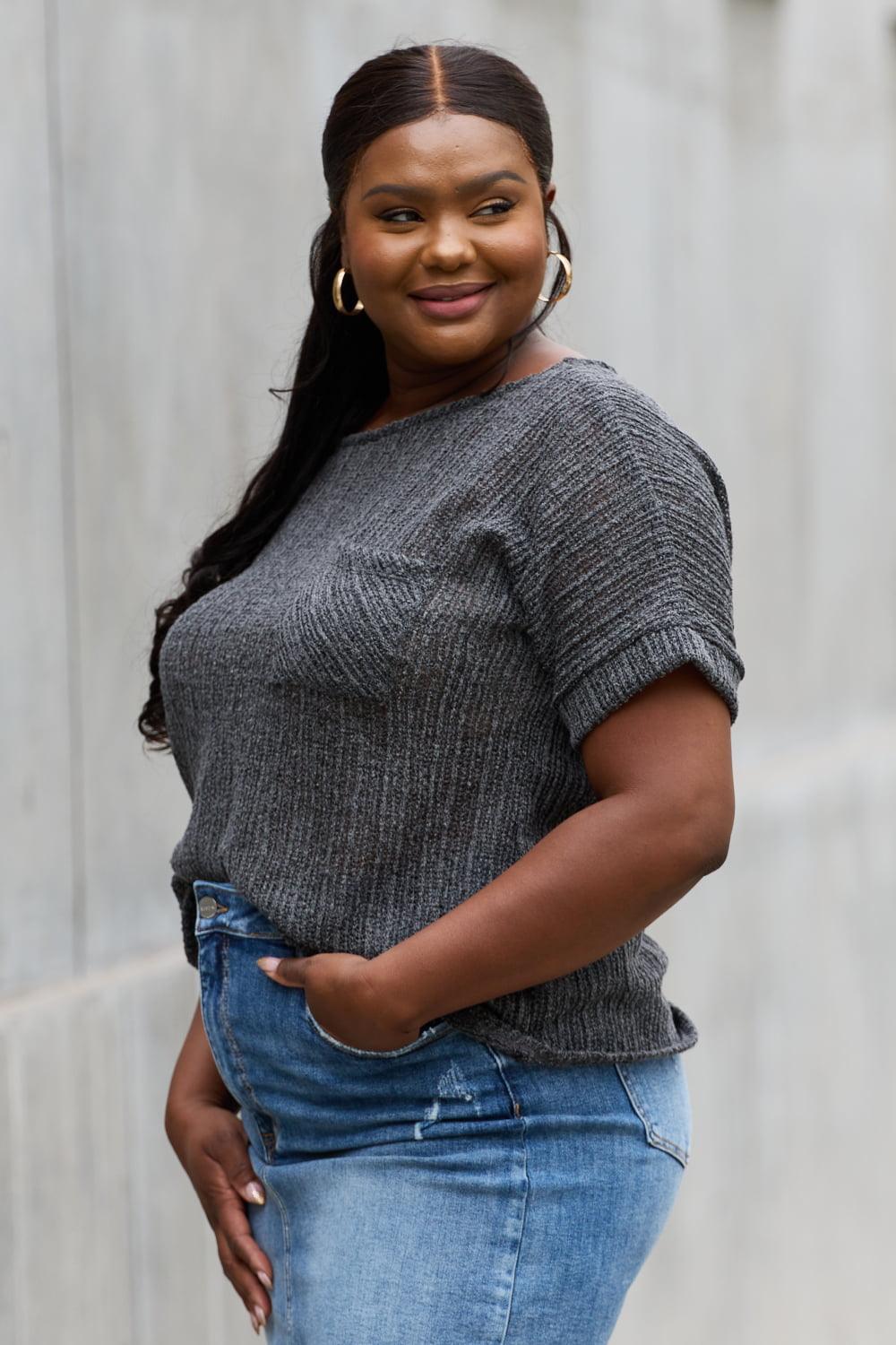 Short Sleeve Chest Pocket Gray Plus Size Top - MXSTUDIO.COM