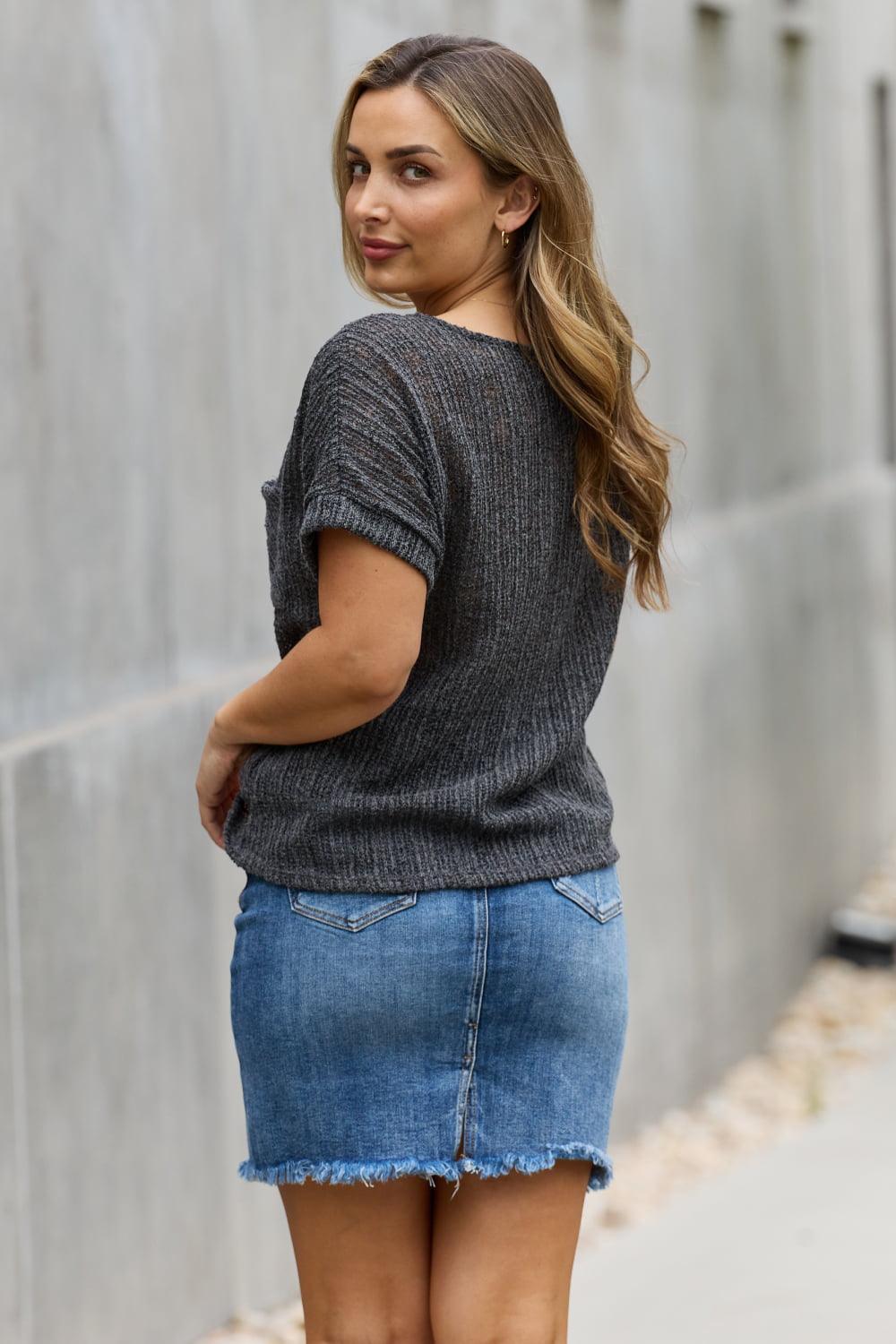 Short Sleeve Chest Pocket Gray Plus Size Top - MXSTUDIO.COM