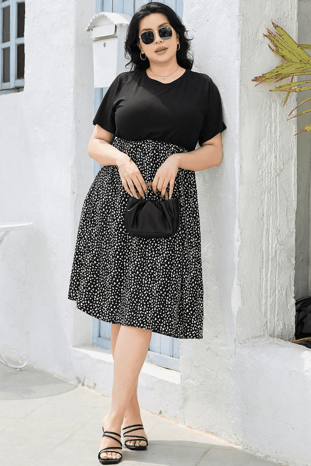 Short Sleeve Printed Knee Length Plus Size Dress - MXSTUDIO.COM