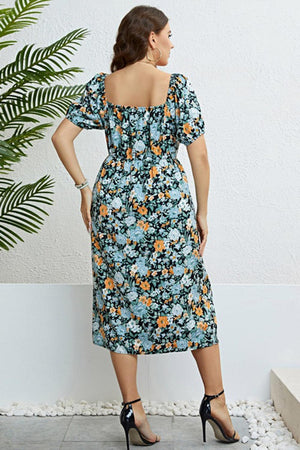 Short Sleeve Slit Detail Plus Size Floral Dress - MXSTUDIO.COM