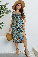 Short Sleeve Slit Detail Plus Size Floral Dress - MXSTUDIO.COM