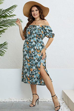 Short Sleeve Slit Detail Plus Size Floral Dress - MXSTUDIO.COM