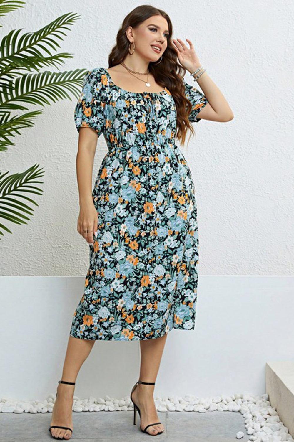 Short Sleeve Slit Detail Plus Size Floral Dress - MXSTUDIO.COM