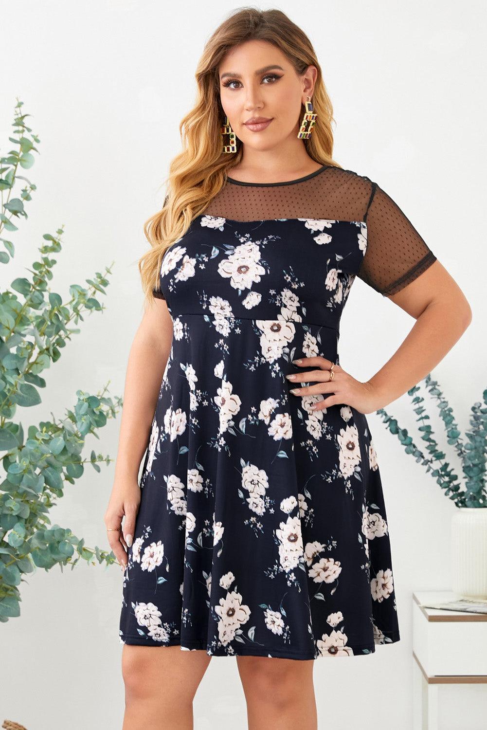 Short Sleeves Polka Dot Mesh Yoke Plus Size Floral Dress - MXSTUDIO.COM