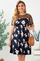 Short Sleeves Polka Dot Mesh Yoke Plus Size Floral Dress - MXSTUDIO.COM