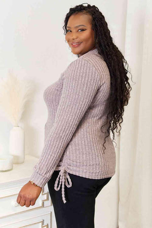 Side Drawstring Ribbed Plus Size Long Sleeve T-Shirt - MXSTUDIO.COM