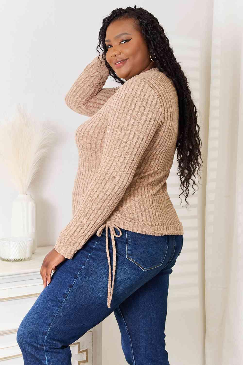 Side Drawstring Ribbed Plus Size Long Sleeve T-Shirt - MXSTUDIO.COM