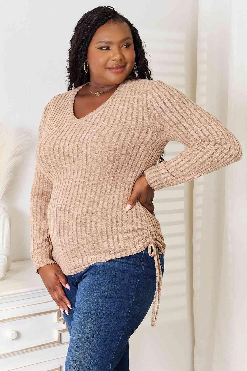 Side Drawstring Ribbed Plus Size Long Sleeve T-Shirt - MXSTUDIO.COM