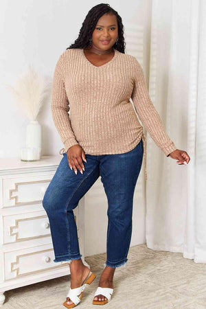 Side Drawstring Ribbed Plus Size Long Sleeve T-Shirt - MXSTUDIO.COM