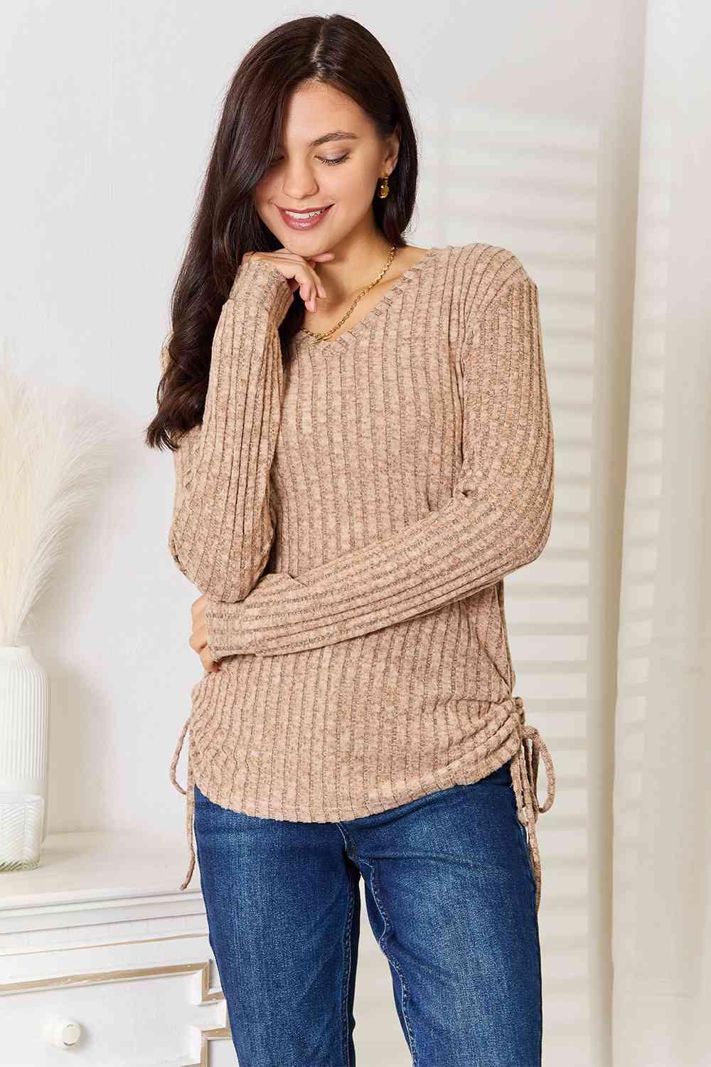 Side Drawstring Ribbed Plus Size Long Sleeve T-Shirt - MXSTUDIO.COM