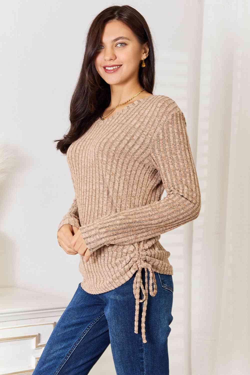 Side Drawstring Ribbed Plus Size Long Sleeve T-Shirt - MXSTUDIO.COM