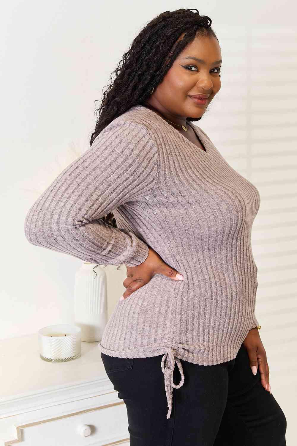 Side Drawstring Ribbed Plus Size Long Sleeve T-Shirt - MXSTUDIO.COM