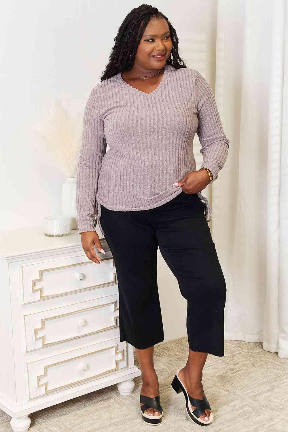 Side Drawstring Ribbed Plus Size Long Sleeve T-Shirt - MXSTUDIO.COM